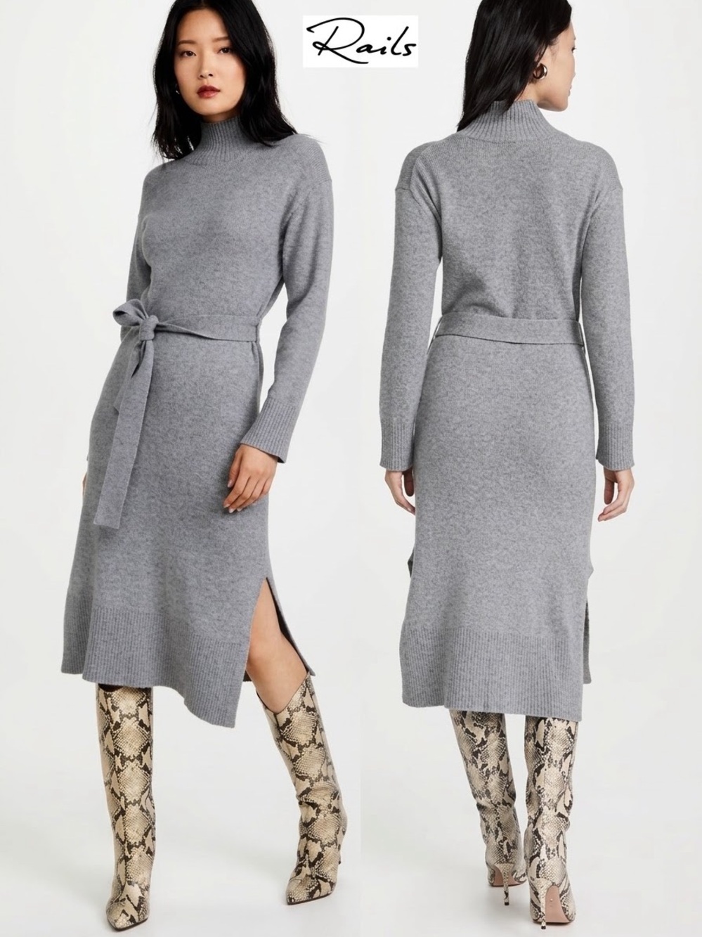 RAILS Mila Sweater Dress in Heather Grey L Merino Wool Blend Belted Midi